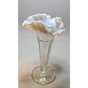 Vintage Fenton Ruffled Edge Moonstone Opalescent White to Clear Bud Vase